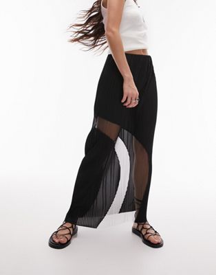 Topshop plisse sheer curved hem midi skirt in black
