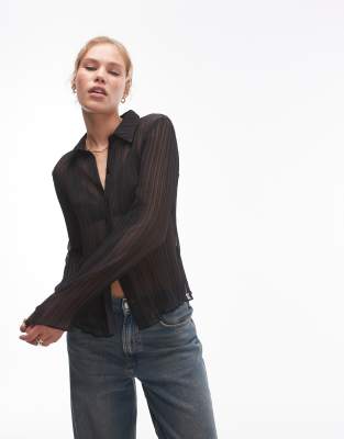Topshop Plisse Shirt In Black