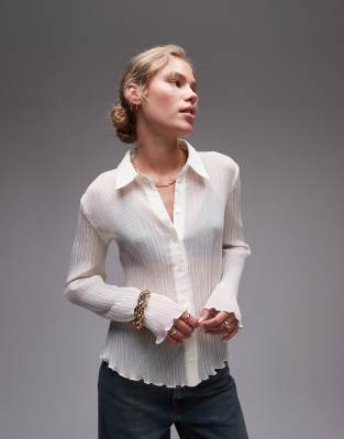 Topshop Plisse Shirt In Ivory-white