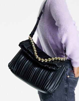Topshop plisse shoulder bag with chain detail in black
