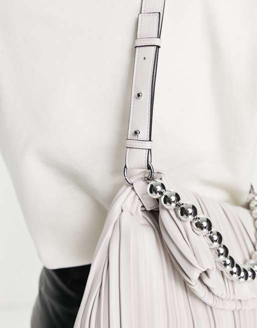 Topshop plisse shoulder bag with chain detail in white, 3 of 4