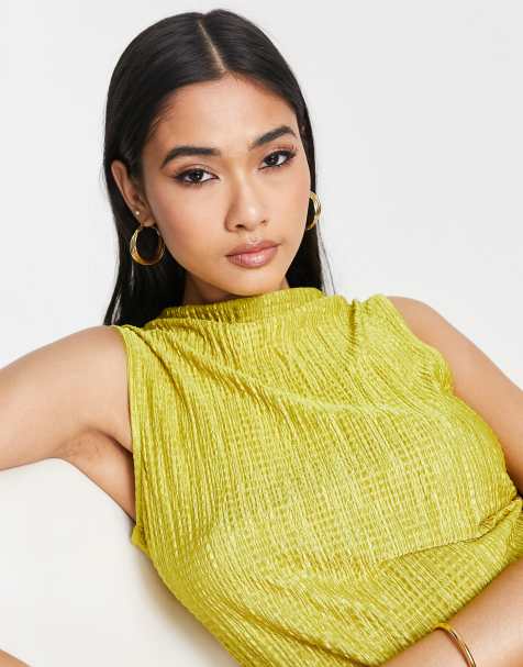 Topshop plisse sleeveless cowl neck top in green - view 1