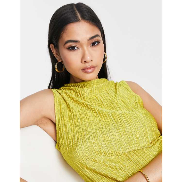 Topshop plisse sleeveless cowl neck top in green