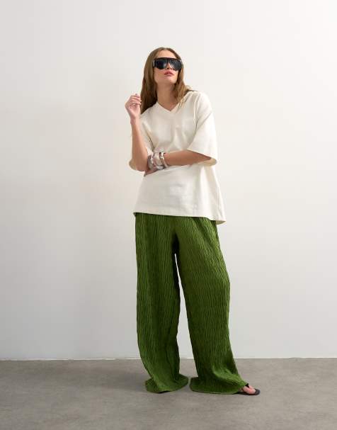 Topshop plisse straight leg pants in green - view 1