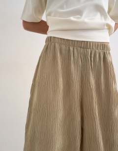 Model wearing Plisse straight leg trouser in beige