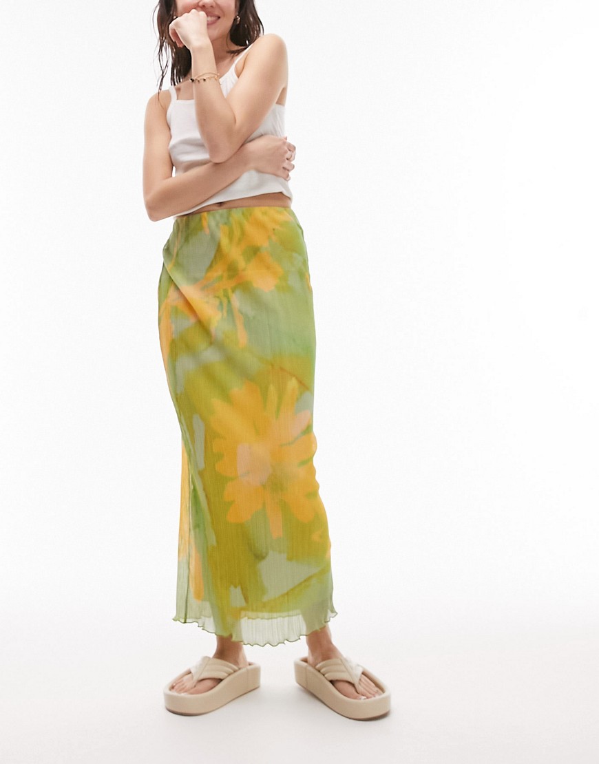 Topshop plisse sunflower print midi skirt in green