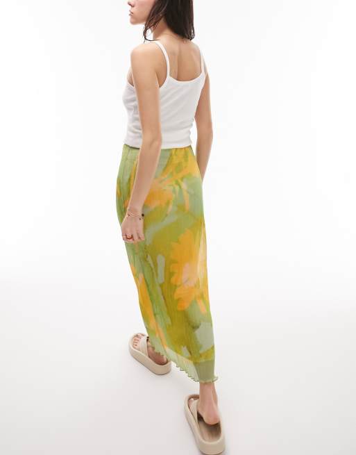 Topshop plisse sunflower print midi skirt in green, 2 of 4