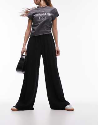 Topshop Plisse Wide Leg Pants In Black