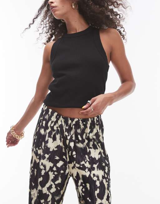 Topshop plisse wide leg pants in blurred animal print