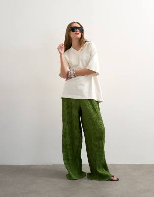 Topshop Plisse Wide Leg Pants In Green
