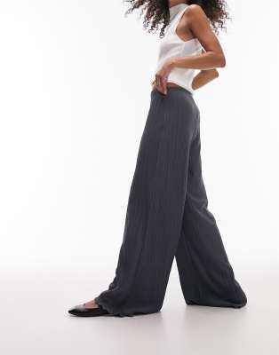 Topshop Plisse Wide Leg Pants In Slate-gray