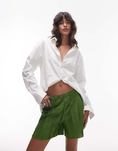 Topshop plisse wide leg shorts in olive green - view 1