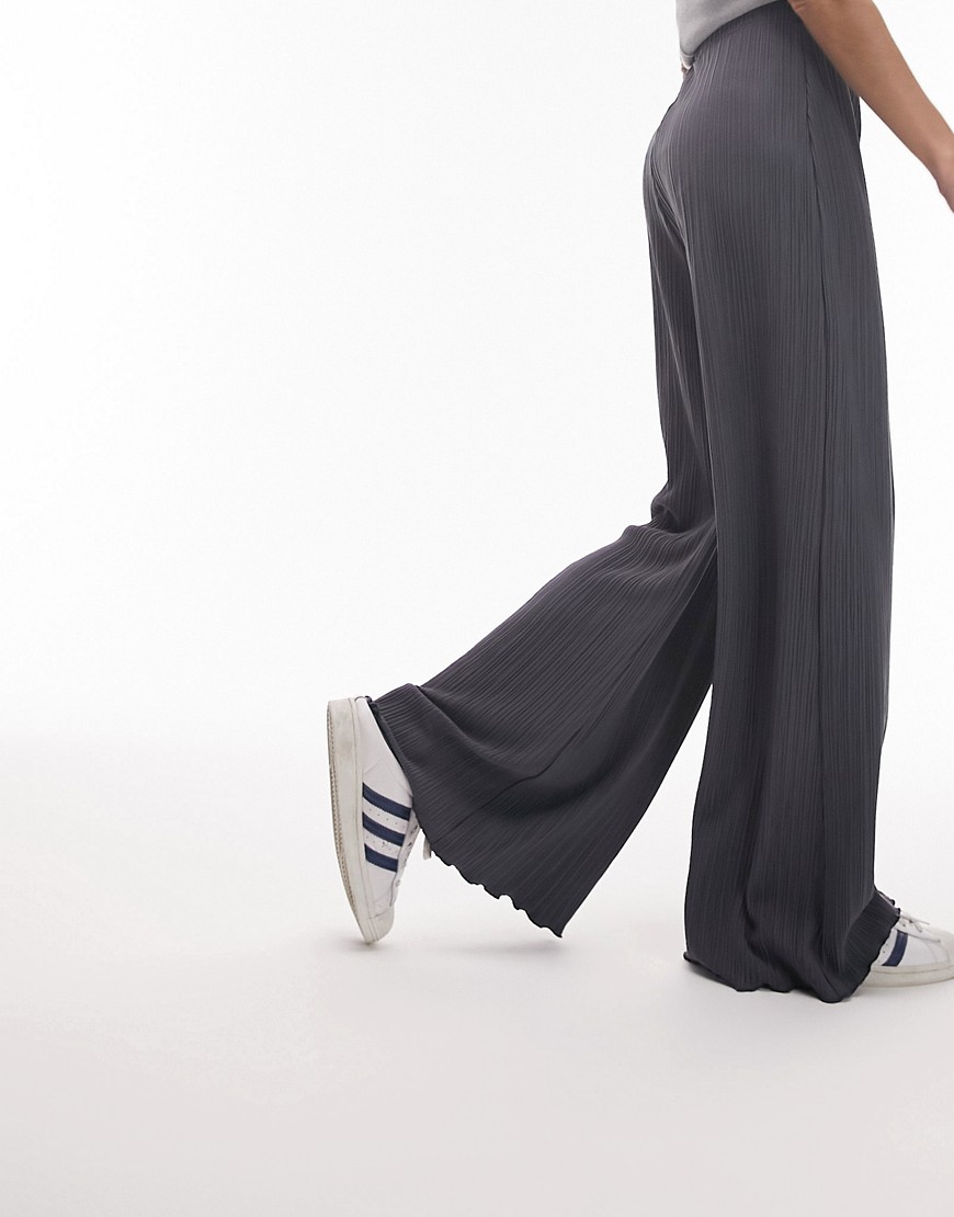 Topshop plisse wide leg trouser in charcoal-Grey