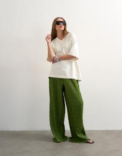 Plisse wide leg trouser in green