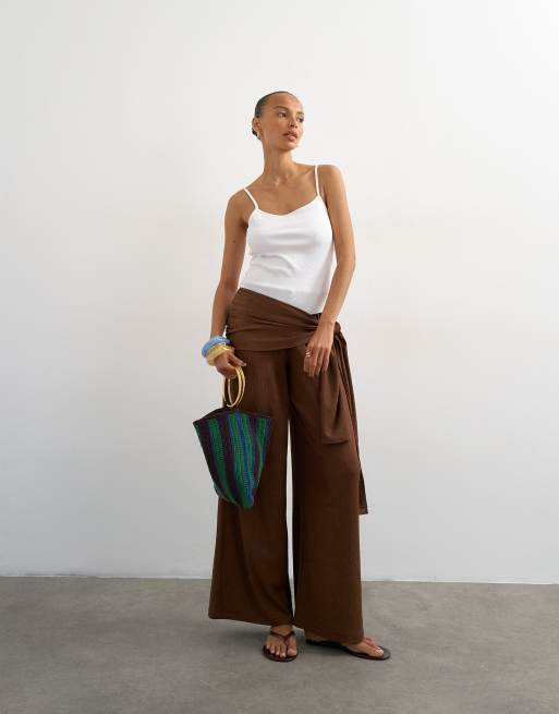 Topshop plisse wrap scarf detail pants in chocolate, 4 of 5