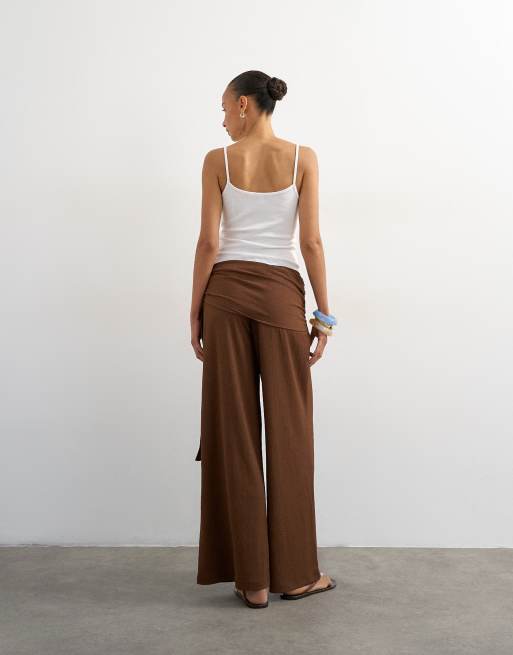 Topshop plisse wrap scarf detail pants in chocolate, 5 of 5