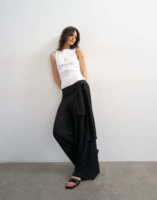 Plisse wrap scarf detail trousers in black
