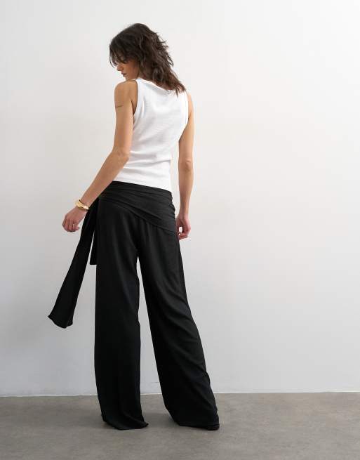 Topshop plisse wrap scarf detail trousers in black, 5 of 5