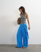 Topshop plisse wrap scarf detail trousers in blue