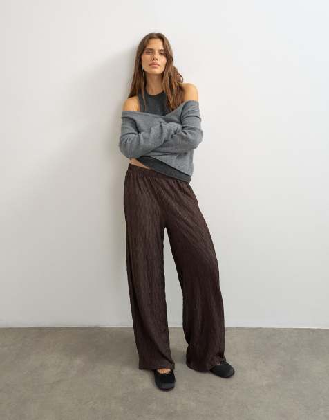 Topshop plisserede jerseybukser med brede ben i chokoladebrun - view 1