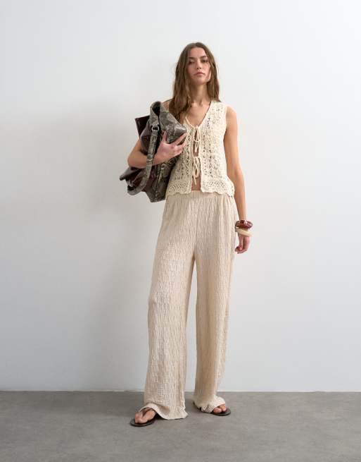Topshop plisserede jerseybukser med lige ben i beige, 2 af 5