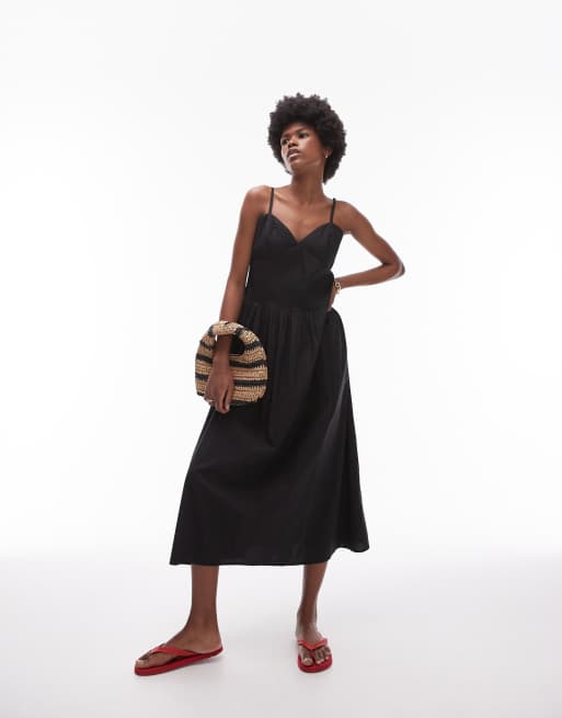 Topshop - Plisseret sort midi-sommerkjole med stropper