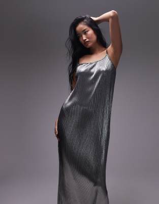 Topshop - Plissiertes Maxikleid in Silber mit Spaghettiträgern