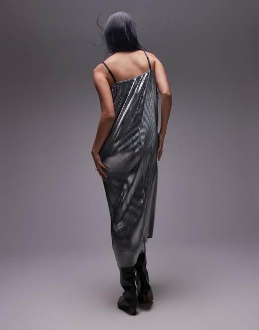 Topshop – Plissiertes Maxikleid in Silber mit Spaghettiträgern, 4 von 4