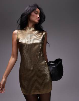 Topshop - Plissiertes Minikleid in Gold-Goldfarben