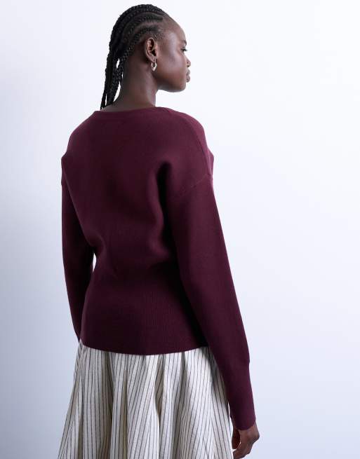 Topshop – Plommonfärgad, tätstickad kofta i lång modell med v-ringning och figurnära midja, 4 av 4