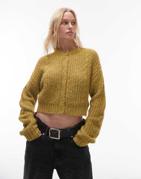 Topshop - Pluizig gebreid cropped vest met kabels in groen - view 1