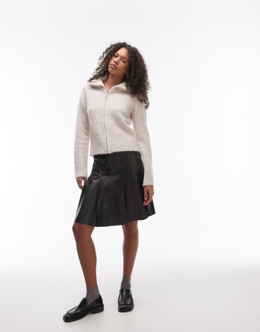 Topshop - Pluizig gebreid vest van bouclé met rits in crème, 2 van 4
