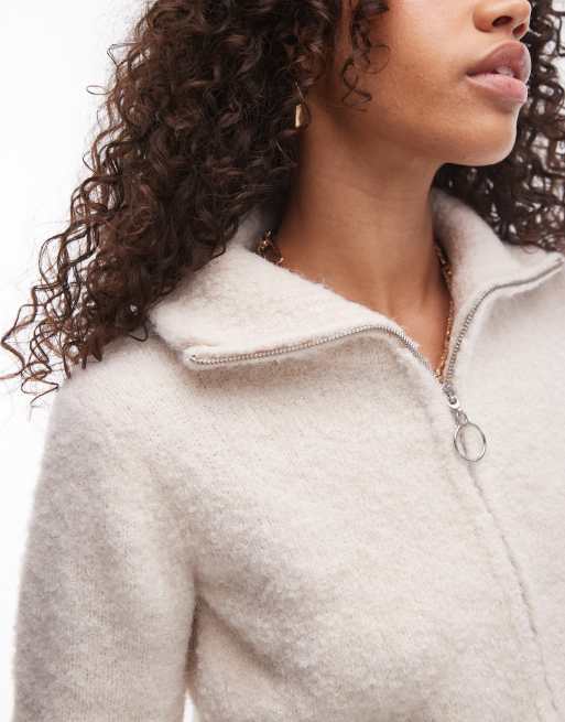 Topshop - Pluizig gebreid vest van bouclé met rits in crème, 3 van 4