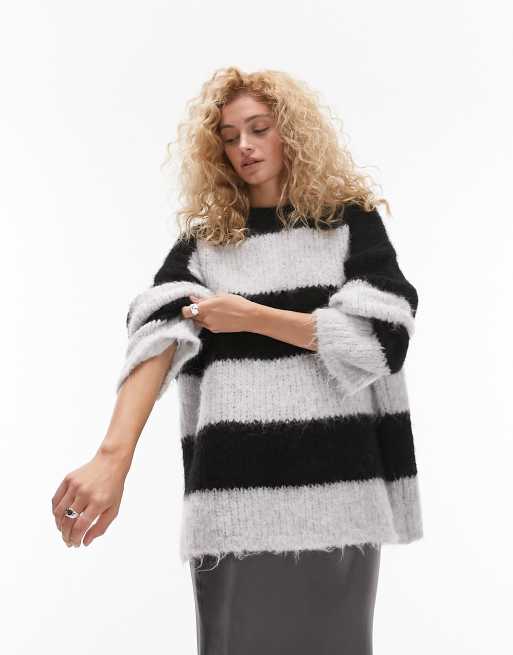 Topshop - Pluizig gebreide oversized trui met strepen en ronde hals in mono 