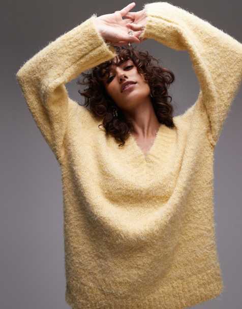Topshop - Pluizig gebreide oversized trui van co-ord set met V-hals in citroengeel - view 1