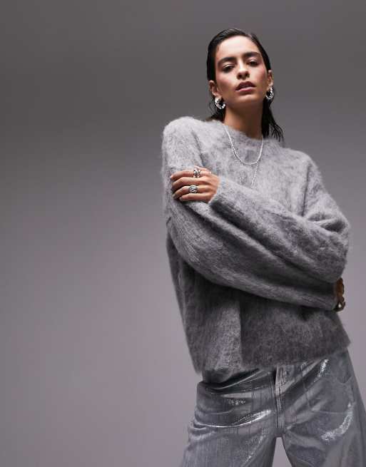 Topshop - Pluizige gebreide trui in grijs
