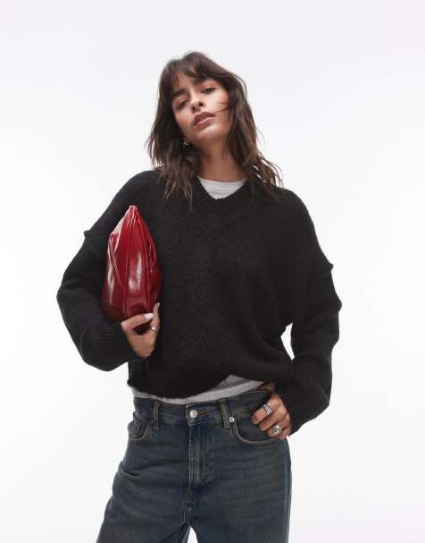 Topshop - Pluizige gebreide trui met V-hals in zwart - view 1