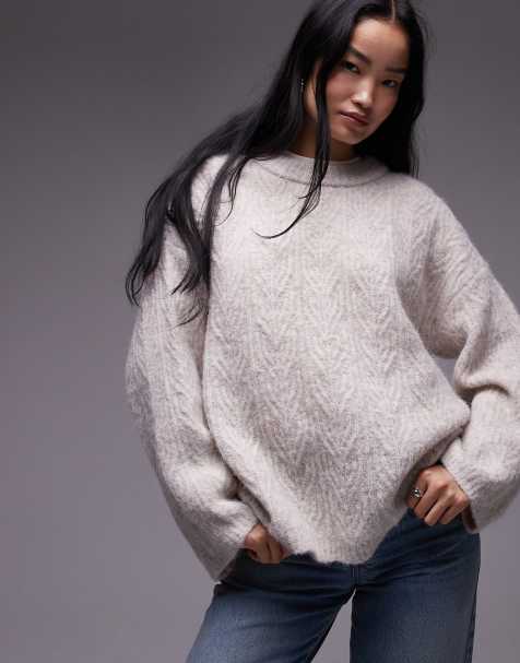 Topshop - Pluizige oversized gebreide trui met kabels en lichtbeige - view 1