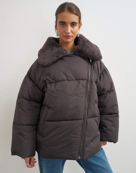Topshop plumífero con cuello desmontable de borreguito en chocolate - view 1