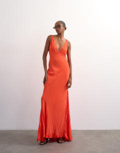Model wearing Plunge embroidered maxi occasion dress in orange