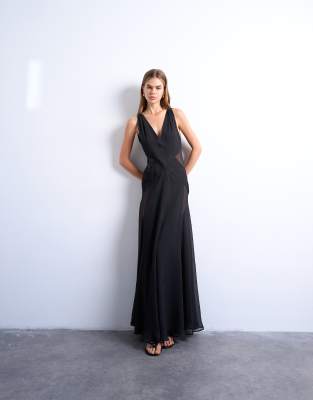 Topshop Plunge Full Hem Occasion Dress With Sheer Panels In Black