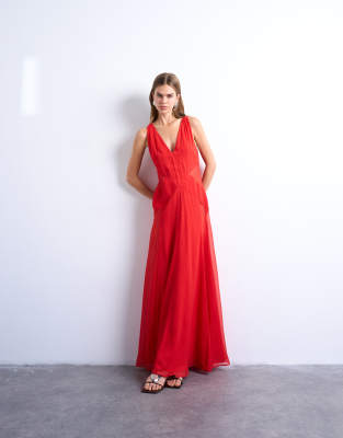 Topshop Plunge Full Hem Occasion Dress With Sheer Panels In Red