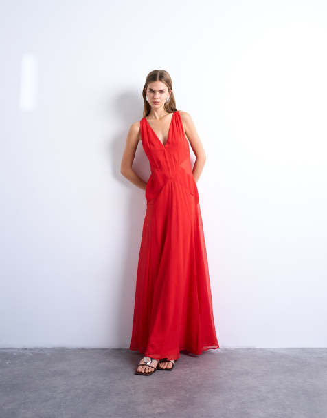 Topshop plunge full hem occasion dress with sheer panels in red - view 1