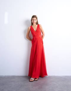 Plunge full hem occasion dress with sheer panels in red