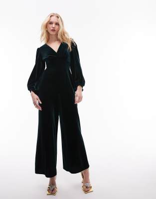 Topshop plunge neck velvet jumpsuit in green-Black