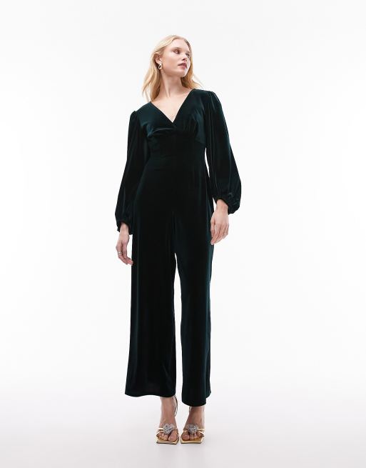 Topshop plunge neck velvet jumpsuit in green