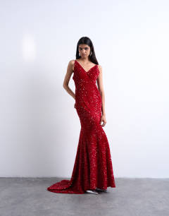 Plunge velvet sequin full length maxi gown in red