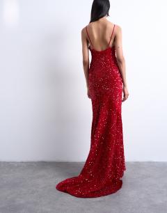 Model wearing Plunge velvet sequin full length maxi gown in red