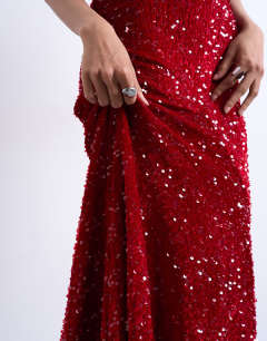 Model wearing Plunge velvet sequin full length maxi gown in red