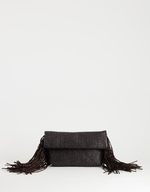 Topshop - Pochette oversize intrecciata color cioccolato con nappe